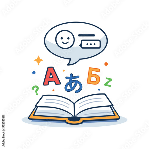 Learning a new language capturing the early stage of language study as alphabet symbols float around an open book while a speech bubble forms above