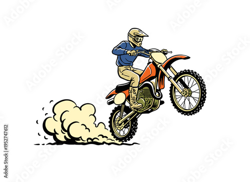 Motocross racing design. Extreme dirt bike wheelie artwork. Motorcycle graphic for t shirt, poster, and background. Offroad adventure. Speed riding.