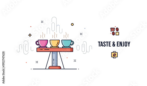 Coffee tasting experience concept featuring a small table with three cups in a line and subtle aroma wave lines. Tiny star accents and a ?Taste & Enjoy? text