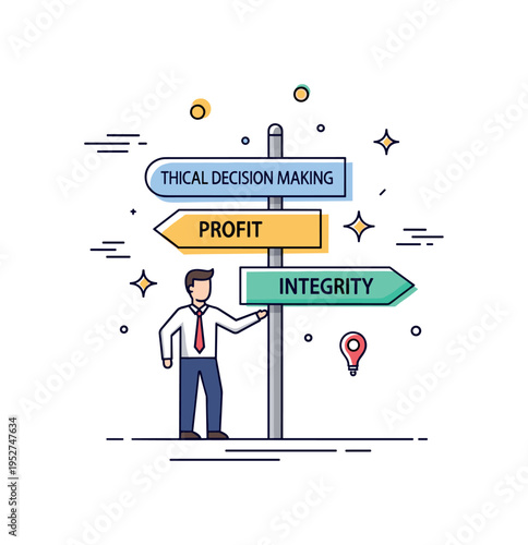 Ethical decision making professional figure standing at a crossroads sign with options labeled Profit and Integrity, highlighting thoughtful choices in complex