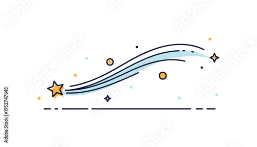 Light trail trace showing a small star leaving a smooth curved streak behind it, symbolizing speed, energy, and passing moments. The neat icon-scene layout