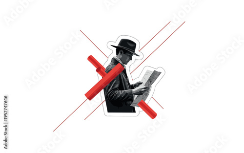A realistic monochrome wanderer with a hat and map in hand, combined with red cylindrical accents and diagonal lines suggesting movement and curiosity, white