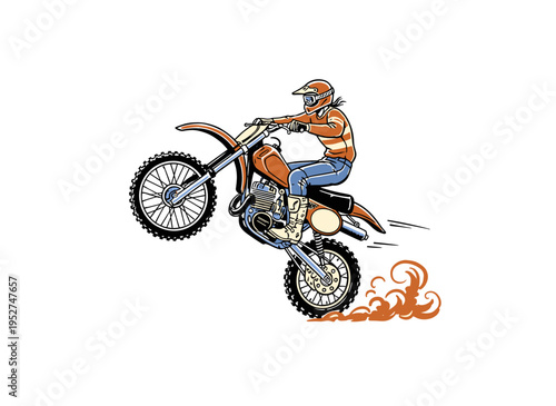 Motocross dirt bike artwork for t shirt. Vintage racing design. Extreme sports apparel graphic. Off road motorcycle illustration. Dirt rider wheelie.