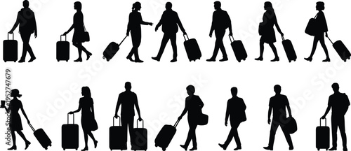 Black silhouette collection of diverse people traveling with luggage and suitcases in various walking poses for airport terminal or vacation travel concepts