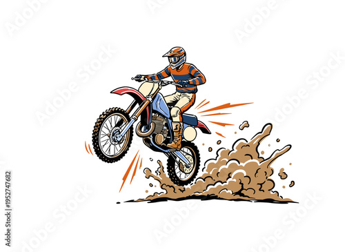 Motocross racing artwork for t shirt. Dirt bike extreme stunt. Off road motorcycle graphic design. Mud race poster. Fast wheels challenge.