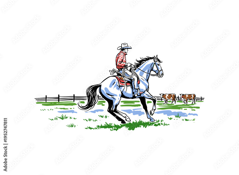 Fototapeta premium Cowboy riding horse vintage artwork for t shirt. Ranch life illustration. Western adventure graphic. Wild west rodeo design. Horseman in field.