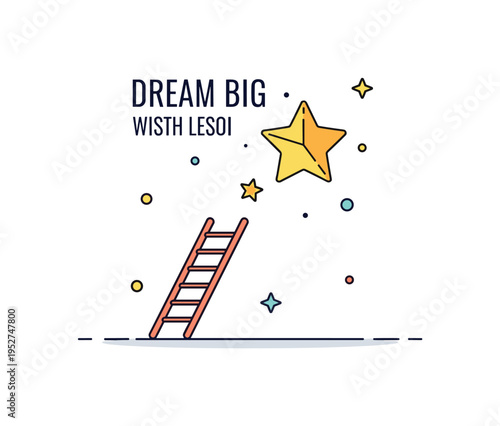 Dream big wish concept featuring a small ladder leaning toward a large star positioned above, expressing ambition, growth, and reaching for goals.
