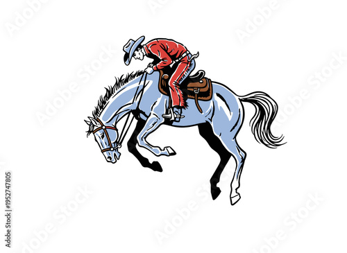 Cowboy on bucking bronco artwork. Rodeo vintage design for t shirt. Wild west apparel graphic. Horse riding sticker. Western adventure.