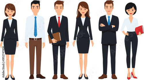 Group of professional business people in formal suits, standing together as a diverse corporate team, ready for work and leadership.