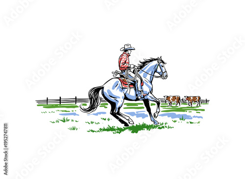 Cowboy riding horse vintage artwork for t shirt. Ranch life illustration. Western adventure graphic. Wild west rodeo design. Horseman in field.
