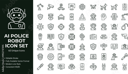 AI police robot line icon set with law enforcement surveillance security automation and smart monitoring technology symbols