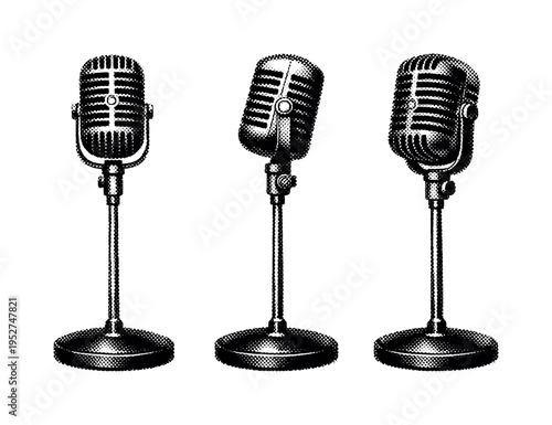 Vintage microphone with stand. Black and white dot style with halftone texture and high contrast. Halftone texture with partial solid black fills smoothly