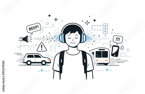 Urban noise defense. A person standing in a busy city scene while traffic and alerts dissolve near headphones. Modern coping strategy for sensory overload in