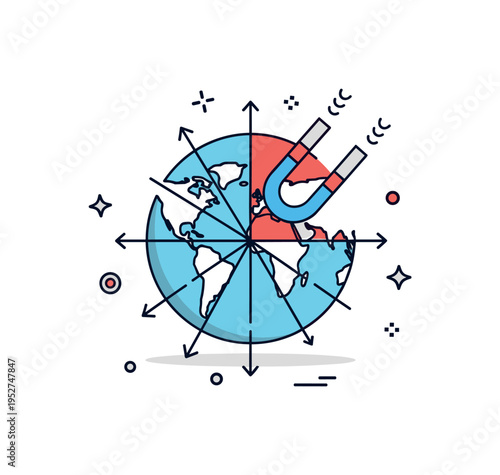 Magnetic field reversal idea globe with partially flipped field lines and subtle arrow indicators, conveying the concept of periodic geomagnetic pole shifts.
