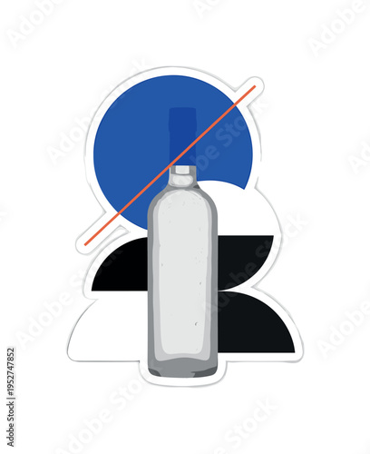 Black and white frosted vodka bottle with condensation texture centered vertically, large cobalt blue circle overlapping the upper label area, thin orange