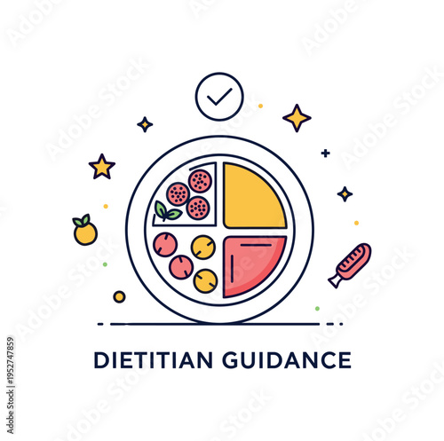 Dietitian guidance badge featuring a balanced plate divided into sections with a small checkmark icon above. The composition communicates portion control,