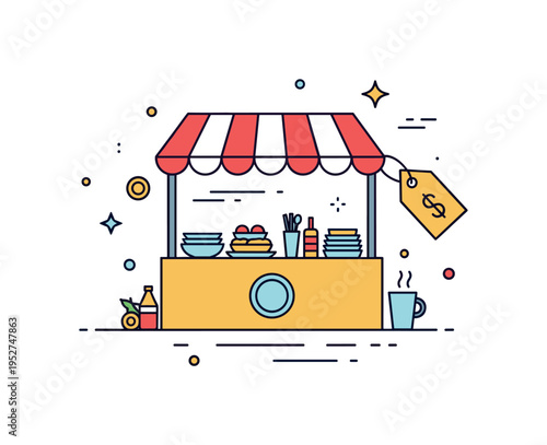 Open air food market scene featuring a simple canopy stand with neatly arranged dishes and a subtle price tag icon, expressing accessibility and everyday