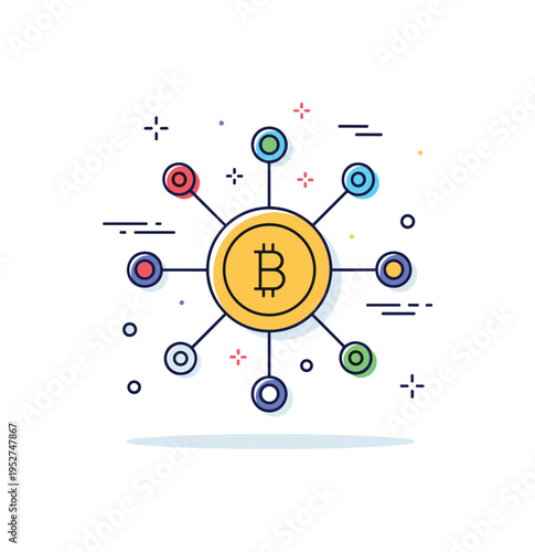 Digital currency blockchain network theme shown as a central coin symbol connected to small node circles by thin lines, symbolizing distributed