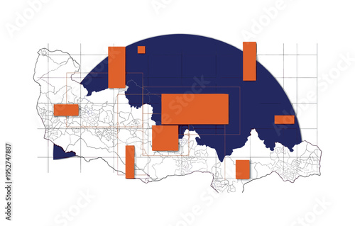 Black and white map fragment with marked territory borders, oversized indigo semicircle anchoring composition, burnt orange rectangular shapes placed like