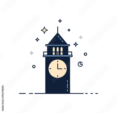 Clock tower evening silhouette concept shown as a darkened tower shape with illuminated clock face and small star accents above, symbolizing night atmosphere