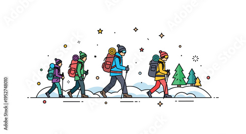 Hikers exploring the taiga with backpacks and winter gear, walking along a snow-dusted path, conveying adventure, resilience, and connection with nature.