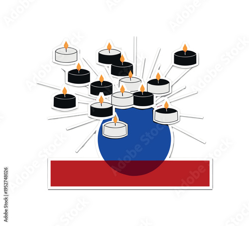 Black and white cluster of small tea lights arranged asymmetrically, intense cobalt blue circle anchoring the center of composition, deep red rectangular base