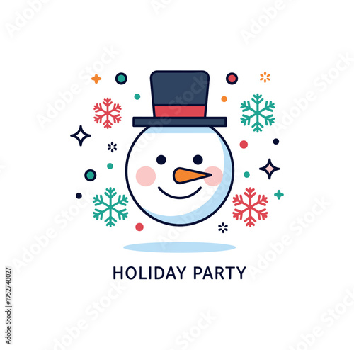 Festive snowman invitation design featuring a round snowman face with top hat framed by decorative snowflakes. Gentle sparkle accents and a concise ?Holiday