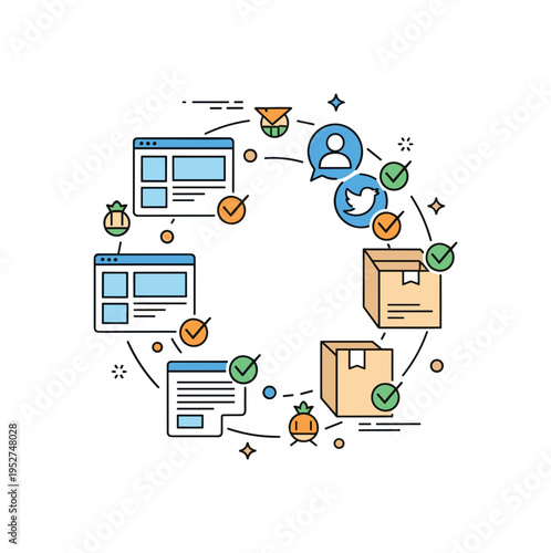 Corporate branding alignment process shown through interconnected icons of website, social media and packaging all marked with small check symbols, expressing
