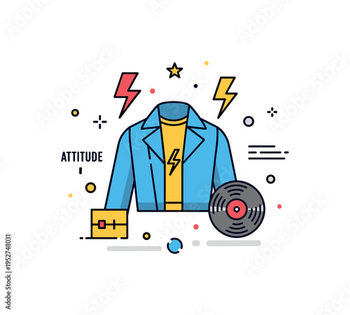 Rock and roll style revival concept centered on a fashion silhouette with subtle lightning bolt and vinyl record accents, symbolizing attitude, rhythm, and