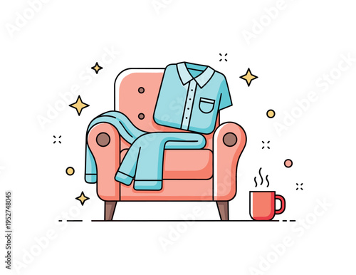 Pajama day at home cozy relaxation concept illustrated by a comfortable armchair with a folded pajama set and a warm mug placed nearby, expressing comfort and