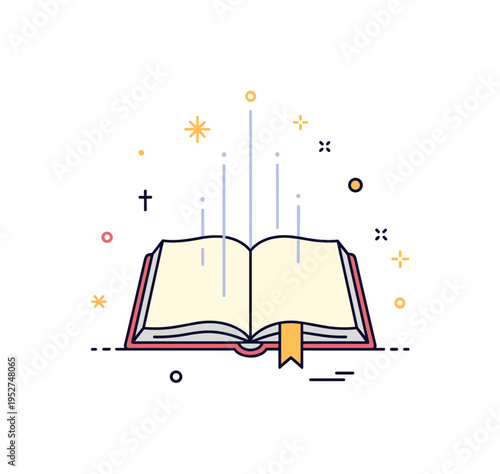 Sacred scripture verse concept centered on an open holy book with soft glowing lines rising upward and a small bookmark ribbon, symbolizing wisdom, guidance,