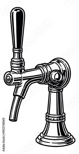 Black and white line art illustration of a beer tap depicting dispensing a beverage for a bar or pub setting