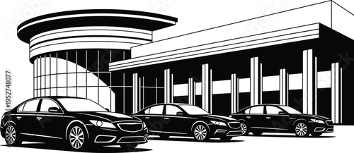 Modern car dealership building with luxury sedans parked in front, architectural black and white vector illustration, automotive showroom, commercial real estate.