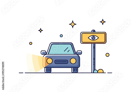 Night road visibility safety concept depicted by a car with glowing headlight beams and a reflective road sign nearby, symbolizing caution and clear vision