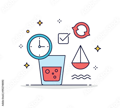 Mindful drinking awareness theme represented by a small drink glass paired with a clock icon and moderation symbol, expressing time limited and responsible