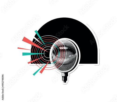 A realistic monochrome mouth close-up speaking into a studio mic, voice visualized as abstract circular ripples and sharp linear accents, large flat semicircle