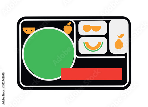 Black and white bento-style snack box with compartments, vivid green circle anchoring center, contrasting red rectangular block crossing lower third, minimal