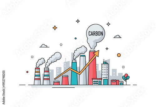 Carbon emissions growth illustrated with a city skyline emitting rising plumes of smoke from industrial chimneys, highlighting environmental impact and rising