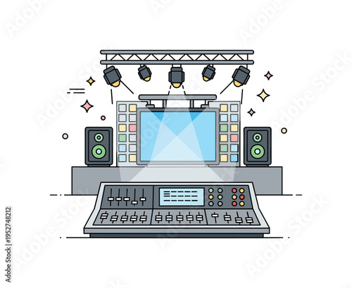 Technology for live performances dynamic stage setup with digital mixing console, LED backdrop screen and focused spotlights, expressing seamless integration