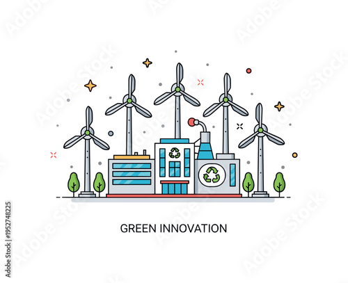 Wind energy research centers sustainable campus concept illustrated by multiple small turbines arranged around a clean research facility, symbolizing