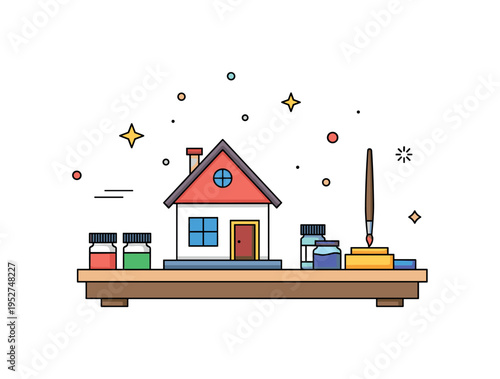 Model building hobby miniature house on a small worktable with tiny paint jars and fine brush nearby, expressing patience and detailed craftsmanship. A compact
