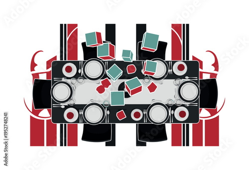 A monochrome vintage dining table filled with plates and glasses arranged symmetrically, bold geometric halos and vertical lines creating structure, abstract