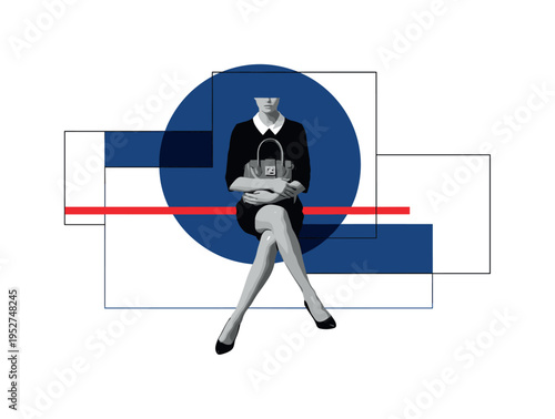 Black and white seated fashion model crossing legs while holding handbag delicately, large deep blue circle framing upper torso, thin red horizontal accent