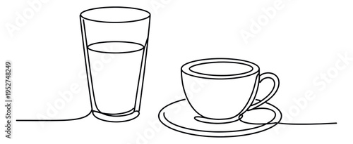 Continuous line art beverage items set featuring a drinking glass and a coffee cup for cafe and drink menus