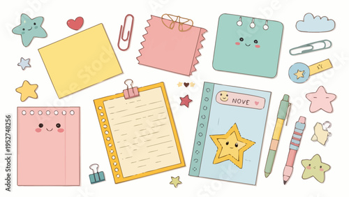 Cute school supplies memo vector set with sticky notes colorful stationery and adorable cartoon characters on white background for kids