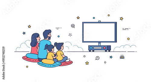 Family outdoor movie night with children sitting on cushions and parents nearby, watching an animated film on a large portable screen, highlighting