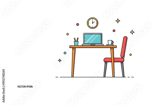 Simple home office setup compact table with a laptop centered beneath a small wall clock and a tidy chair, conveying order, calm and intentional design.