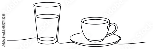 Hand drawn continuous line art beverages set featuring a glass of water and a coffee cup with a saucer for cafe and restaurant menus