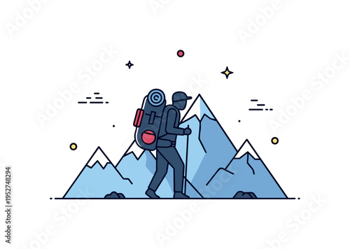 Backpacking in remote terrain featuring a hiker silhouette with a large backpack and minimal mountain shapes behind, expressing endurance and exploration. The