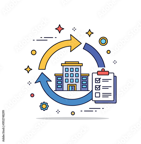 Business restructuring after default concept centered on a circular flow arrow around an office building and a small checklist icon, symbolizing